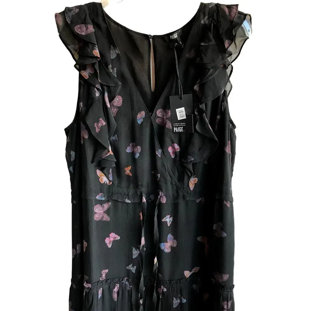 NWT Paige Black Butterfly Print Silk "Basil" Dress with Drawstring Waist size L - Picture 7 of 9